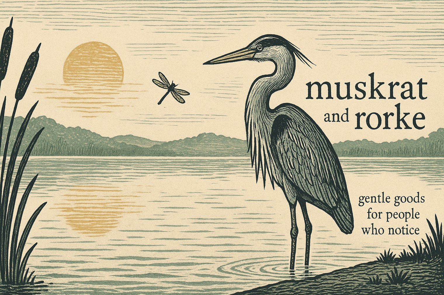 Woodcut-style illustration of a heron standing in a lake at sunrise, from the Muskrat & Rorke shop banner