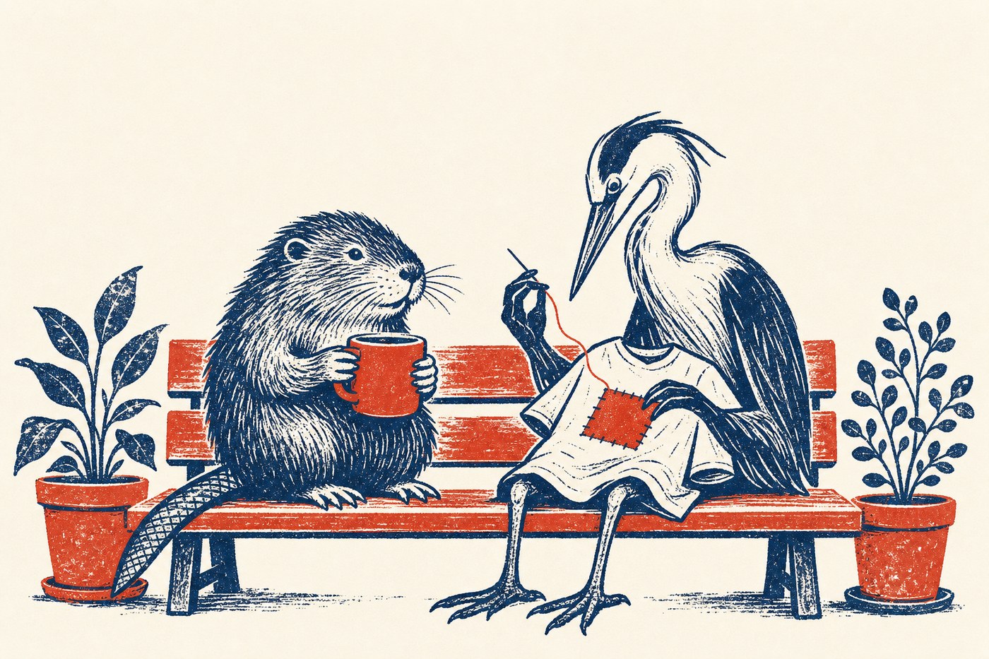 Illustration of a muskrat holding a coffee mug and a heron mending a shirt, sitting together on a red bench