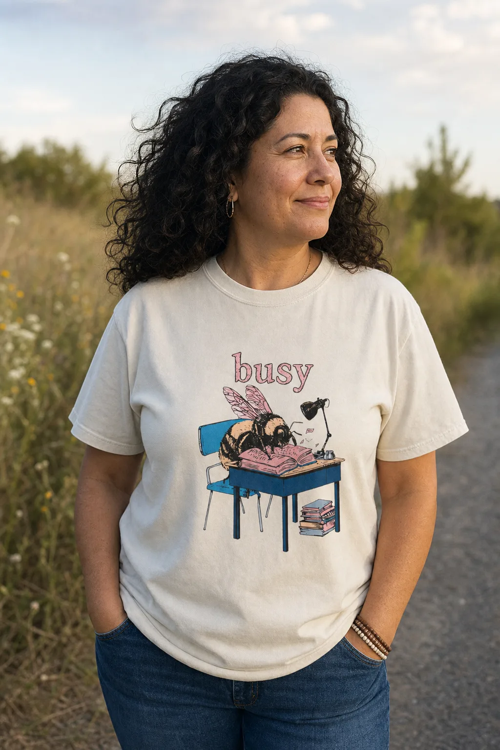 Busy Bee shirt worn outdoors