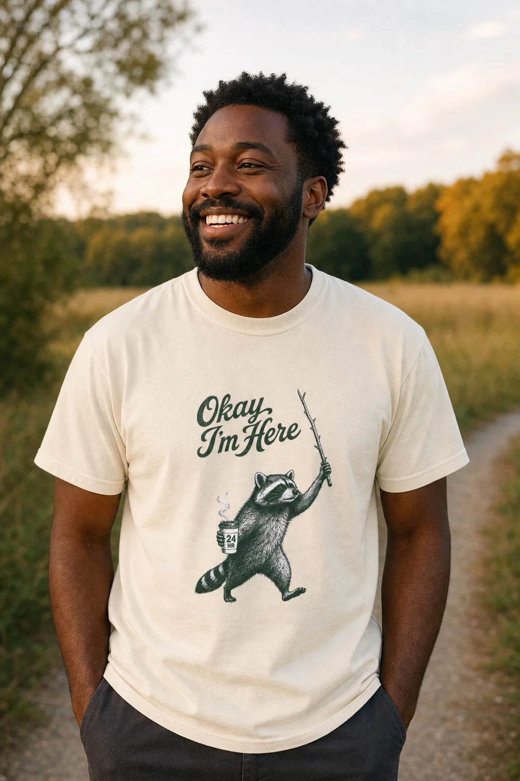 Okay, I'm Here shirt worn outdoors