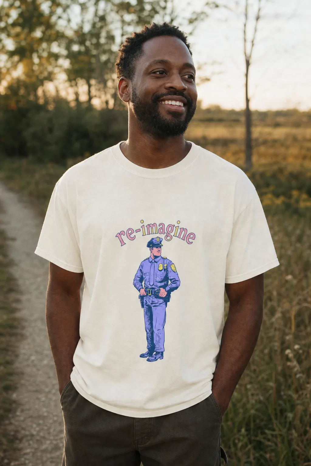 Re-imagine shirt worn outdoors