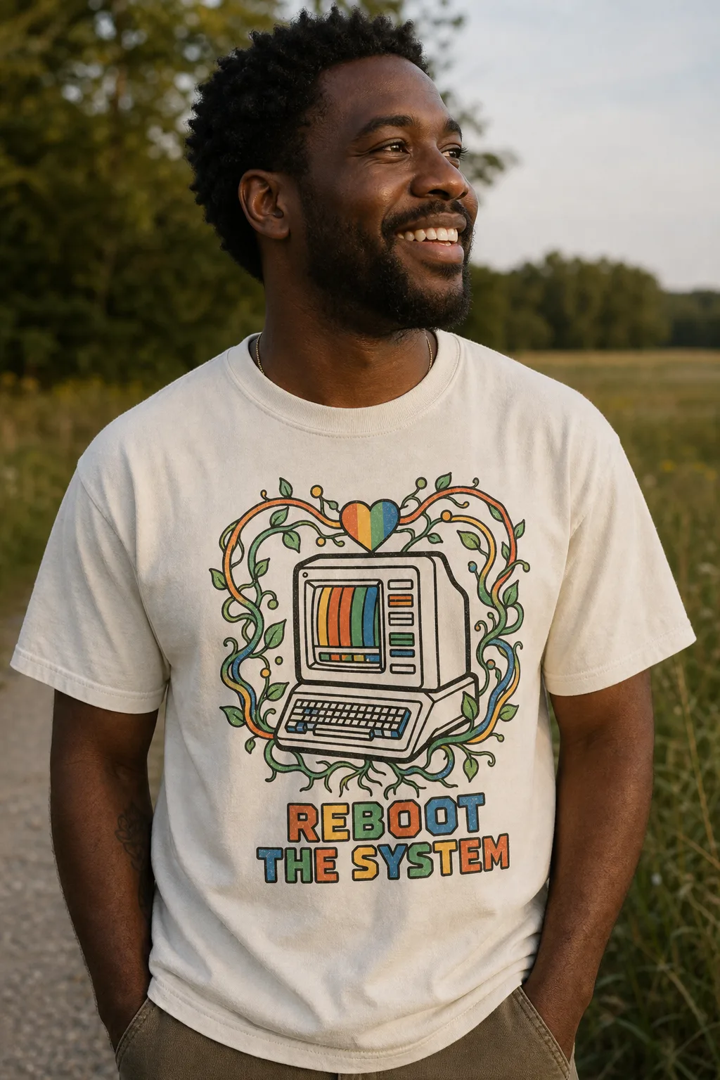Reboot the System shirt worn outdoors