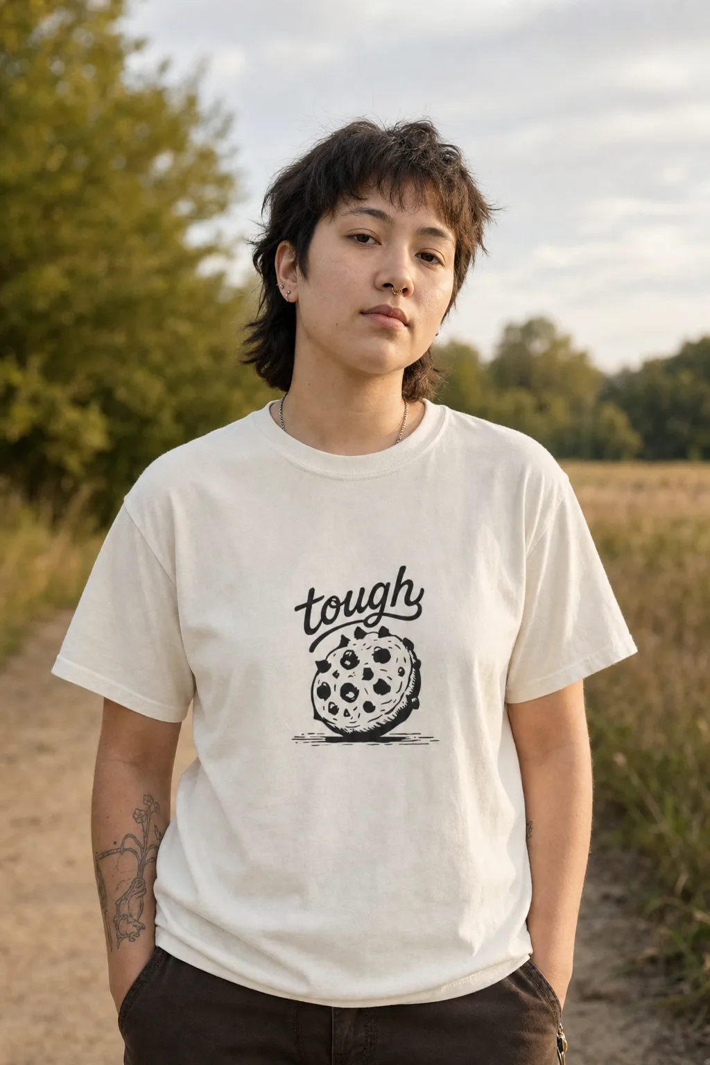 Tough Cookie shirt worn outdoors
