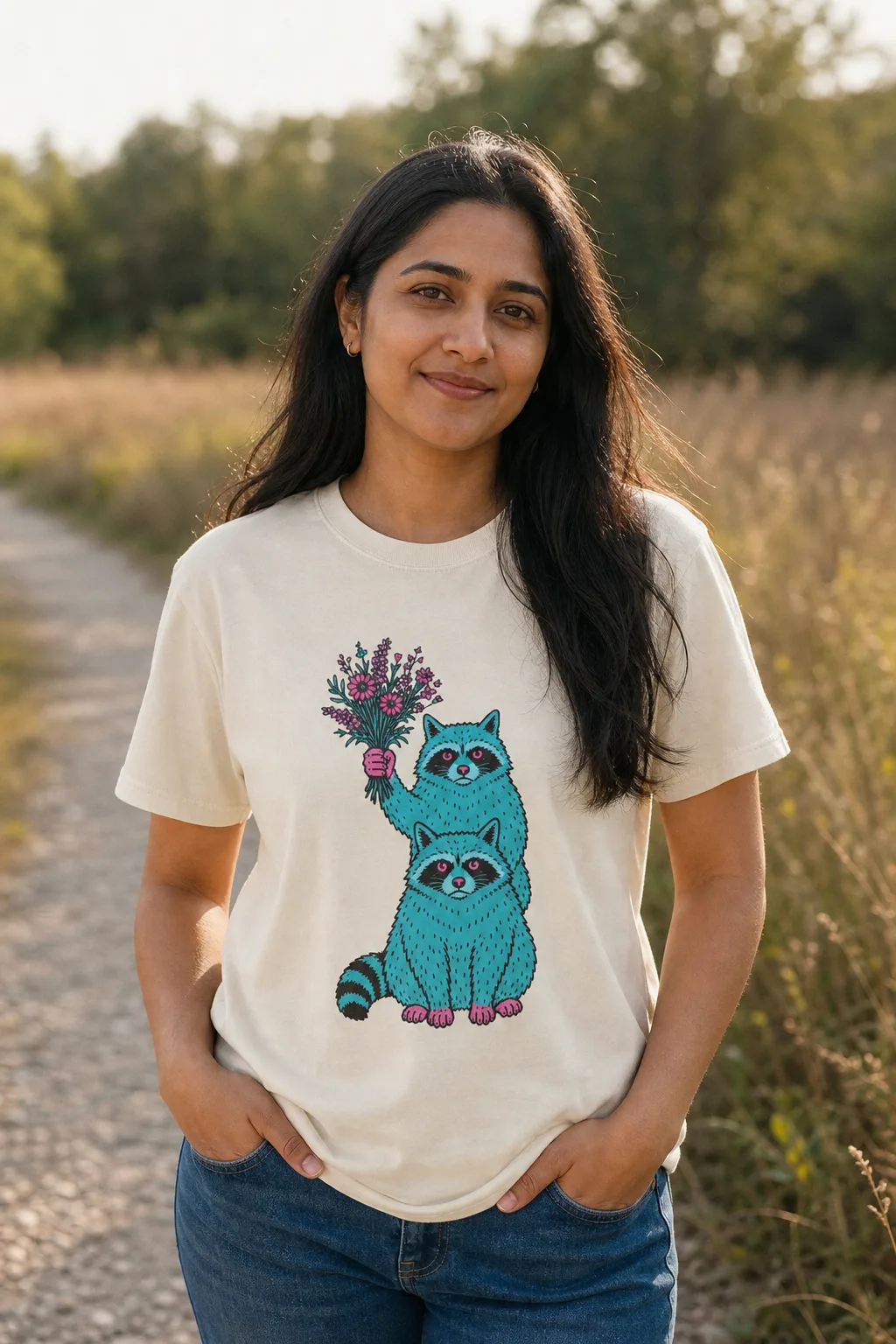 Wildflower Raccoons shirt worn outdoors